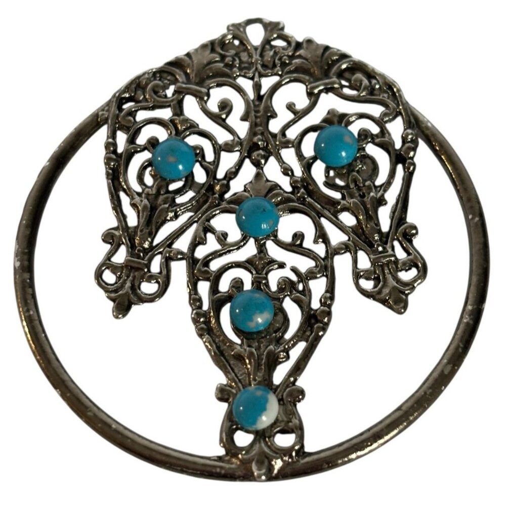 Vintage Silver Tone Necklace Pendant Intricate Filigree Design Circle Jewelry